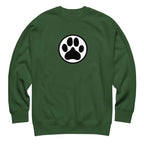 Law of the Paw® dog paw print on a crewneck sweatshirt in forest green, front view – Kate Spain design