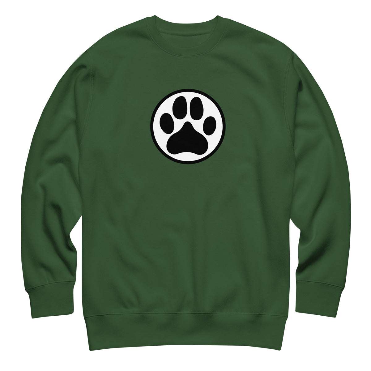 Law of the Paw® dog paw print on a crewneck sweatshirt in forest green, front view – Kate Spain design