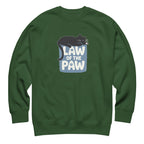 Law of the Paw® design with a cat napping on the logo on a crewneck sweatshirt in forest green, front view – Kate Spain design