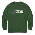 Law of the Paw® logo with seated dog and paw print on a crewneck sweatshirt in forest green, front view – Kate Spain design