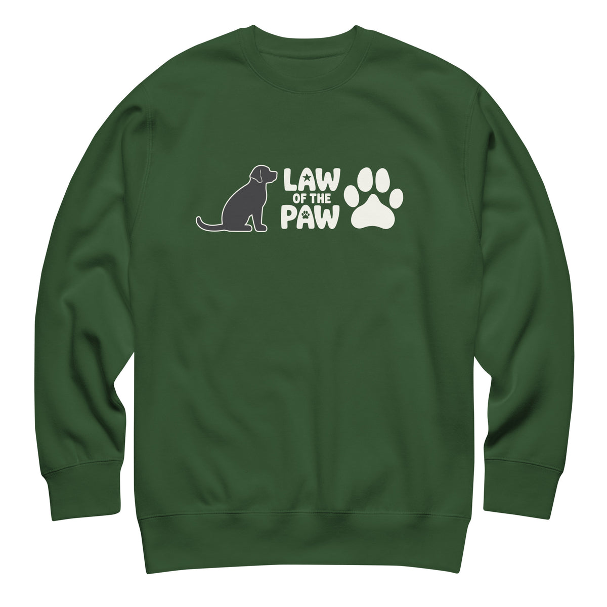 Law of the Paw® logo with seated dog and paw print on a crewneck sweatshirt in forest green, front view – Kate Spain design