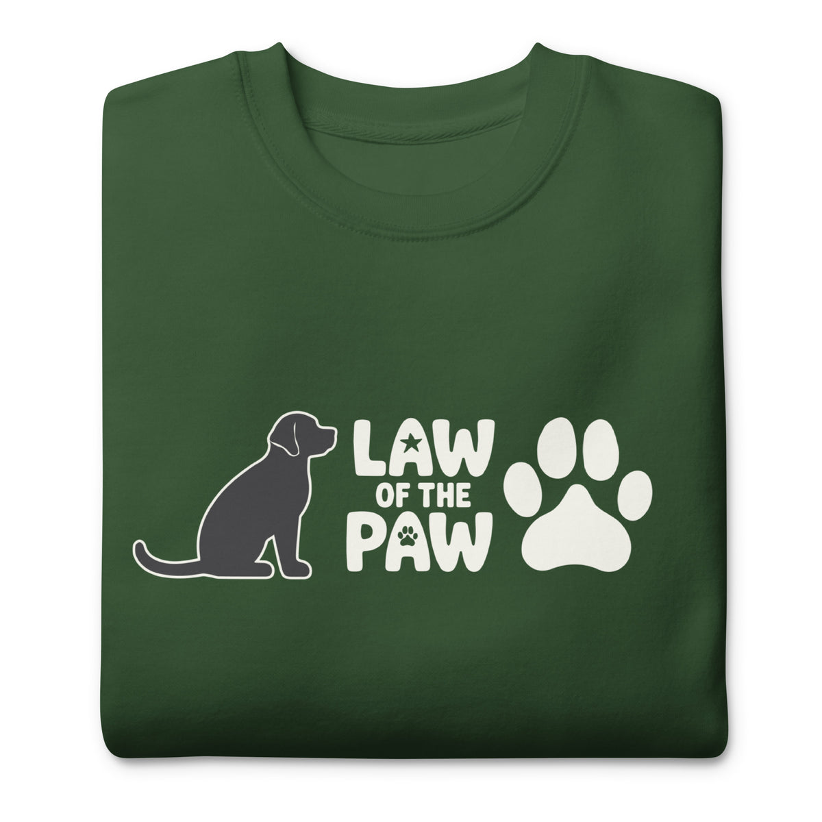 Law of the Paw® logo with seated dog and paw print on a crewneck sweatshirt in forest green, folded close-up of the design – Kate Spain design