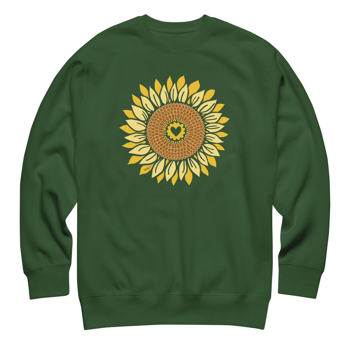 Golden sunflower with a heart center on a crewneck sweatshirt in forest green, front view – Sunflowers in My Heart by Kate Spain