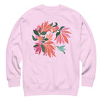Hummingbird among coral tropical flowers on a crewneck sweatshirt in lavender, front view – Kate Spain design