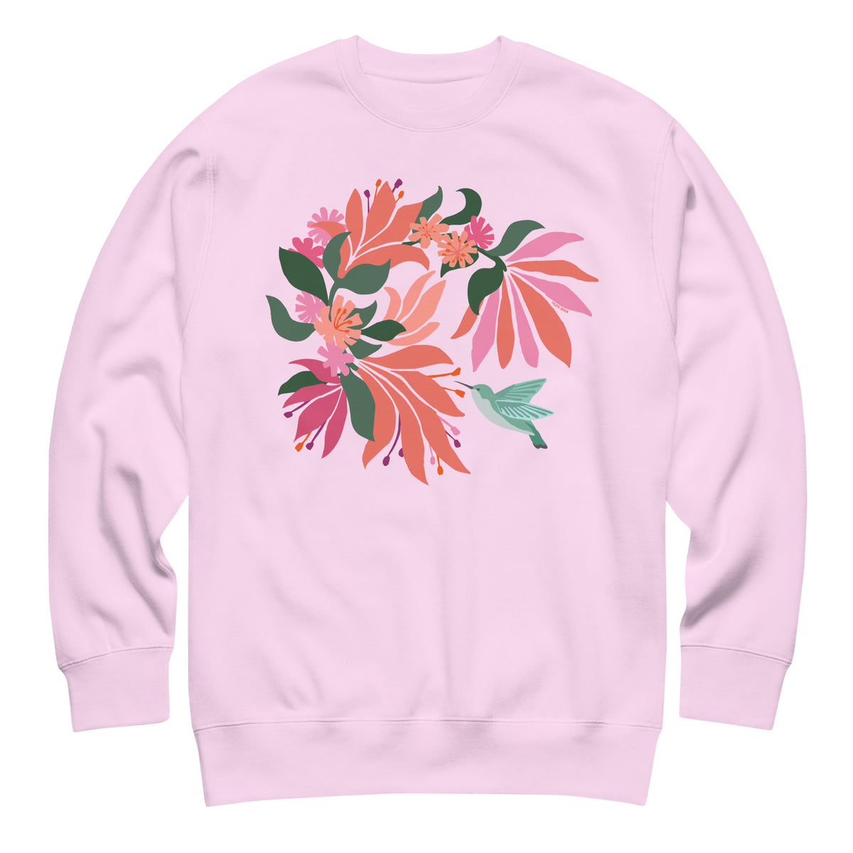 Hummingbird among coral tropical flowers on a crewneck sweatshirt in lavender, front view – Kate Spain design