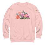 Bloom woodblock-style flowers with a butterfly, ladybug and bee on a crewneck sweatshirt in pink, front view – Kate Spain design