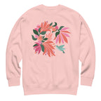 Hummingbird among coral tropical flowers on a crewneck sweatshirt in pink, front view – Kate Spain design