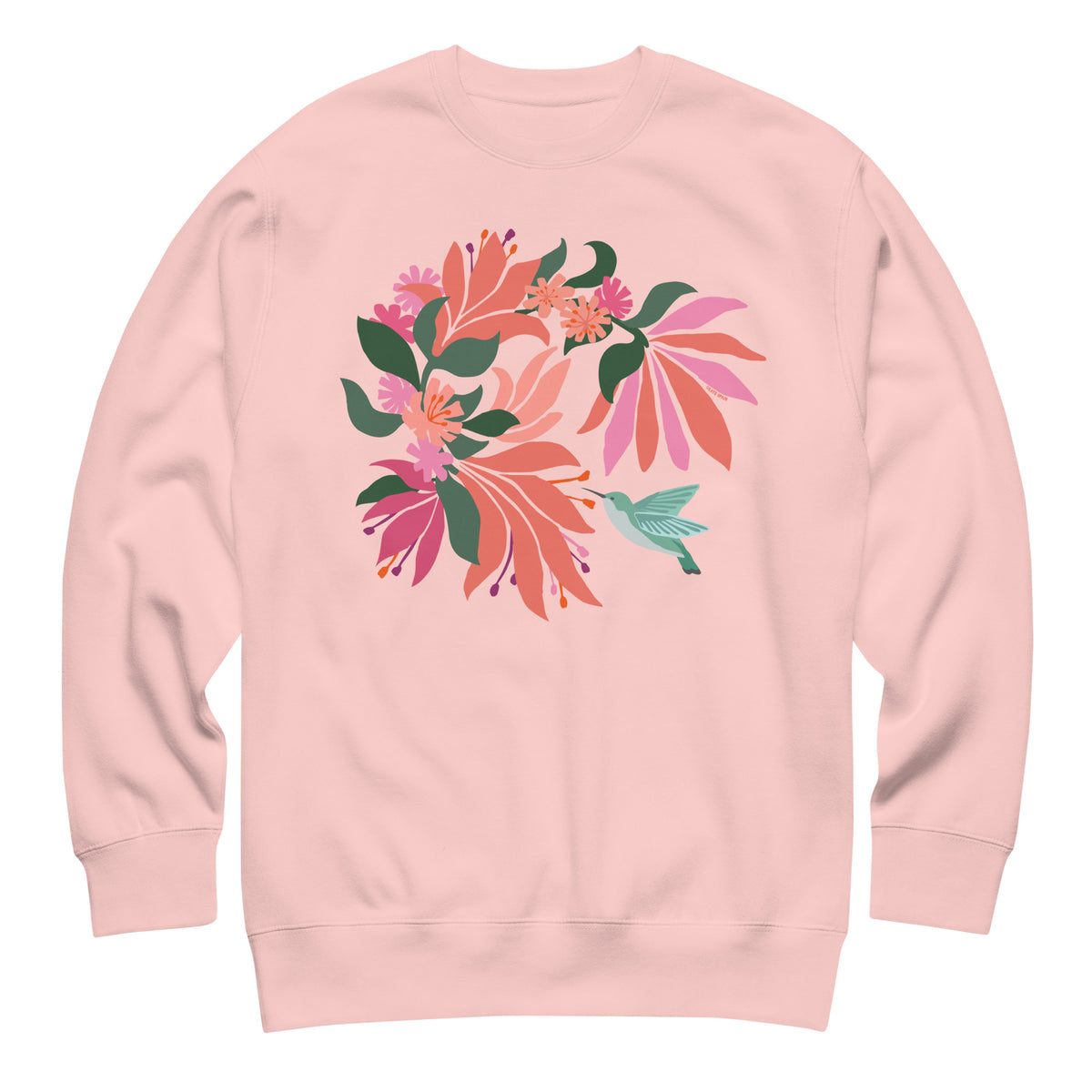 Hummingbird among coral tropical flowers on a crewneck sweatshirt in pink, front view – Kate Spain design