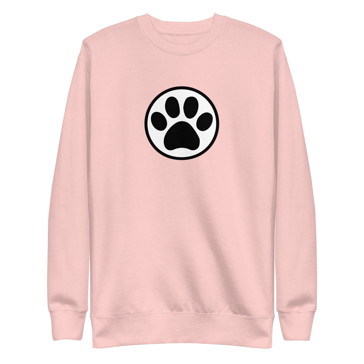 Law of the Paw® cat paw print on a crewneck sweatshirt in pink, front view – Kate Spain design
