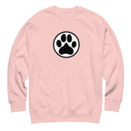 Law of the Paw® dog paw print on a crewneck sweatshirt in pink, front view – Kate Spain design