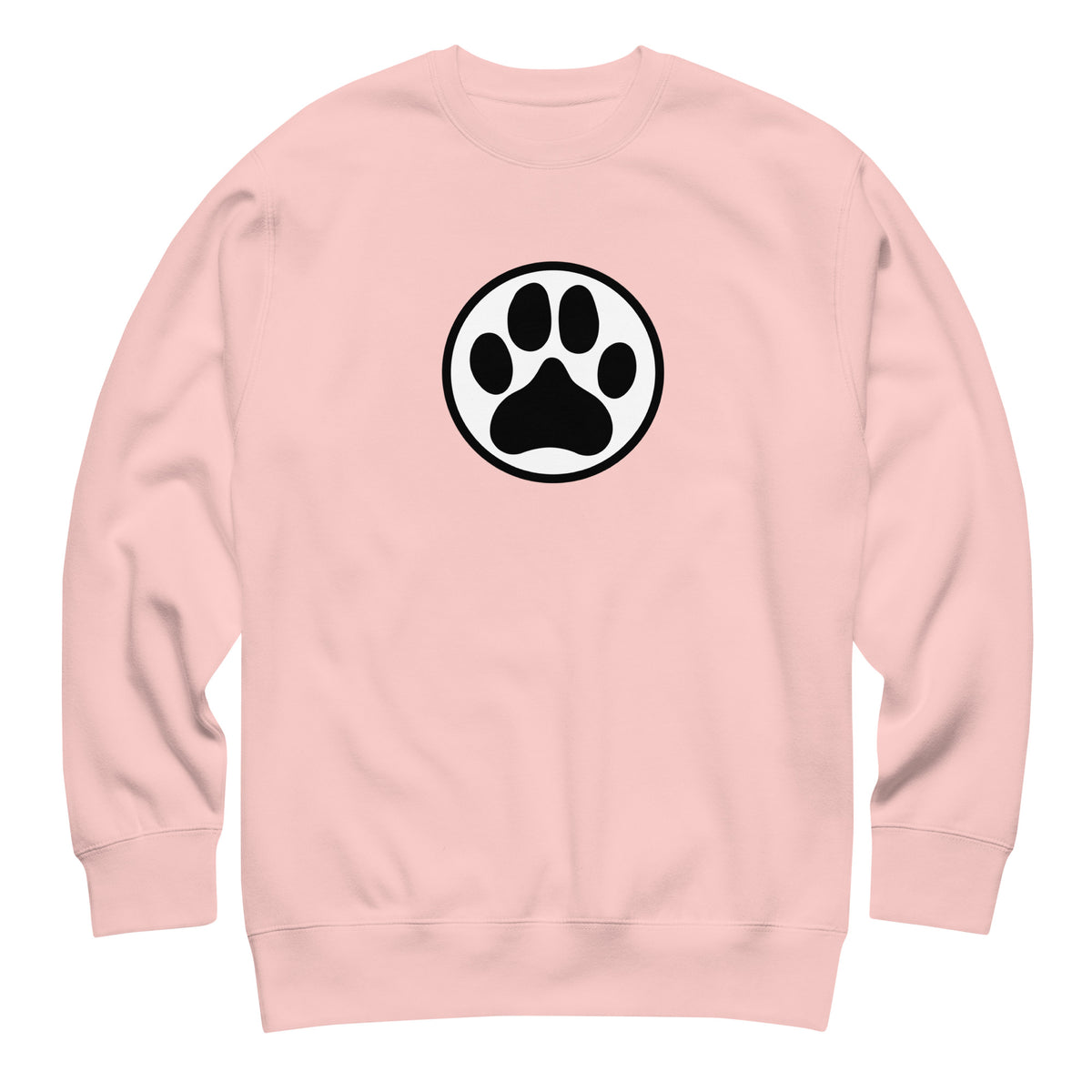 Law of the Paw® dog paw print on a crewneck sweatshirt in pink, front view – Kate Spain design