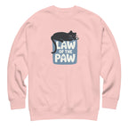 Law of the Paw® design with a cat napping on the logo on a crewneck sweatshirt in pink, front view – Kate Spain design