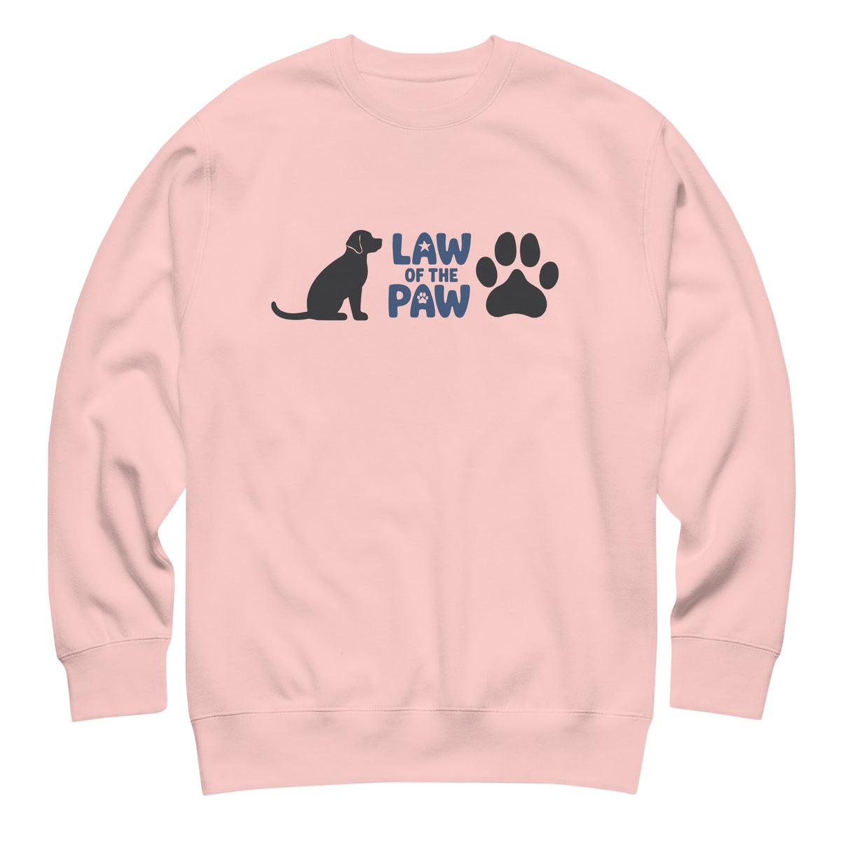 Law of the Paw® logo with seated dog and paw print on a crewneck sweatshirt in pink, front view – Kate Spain design