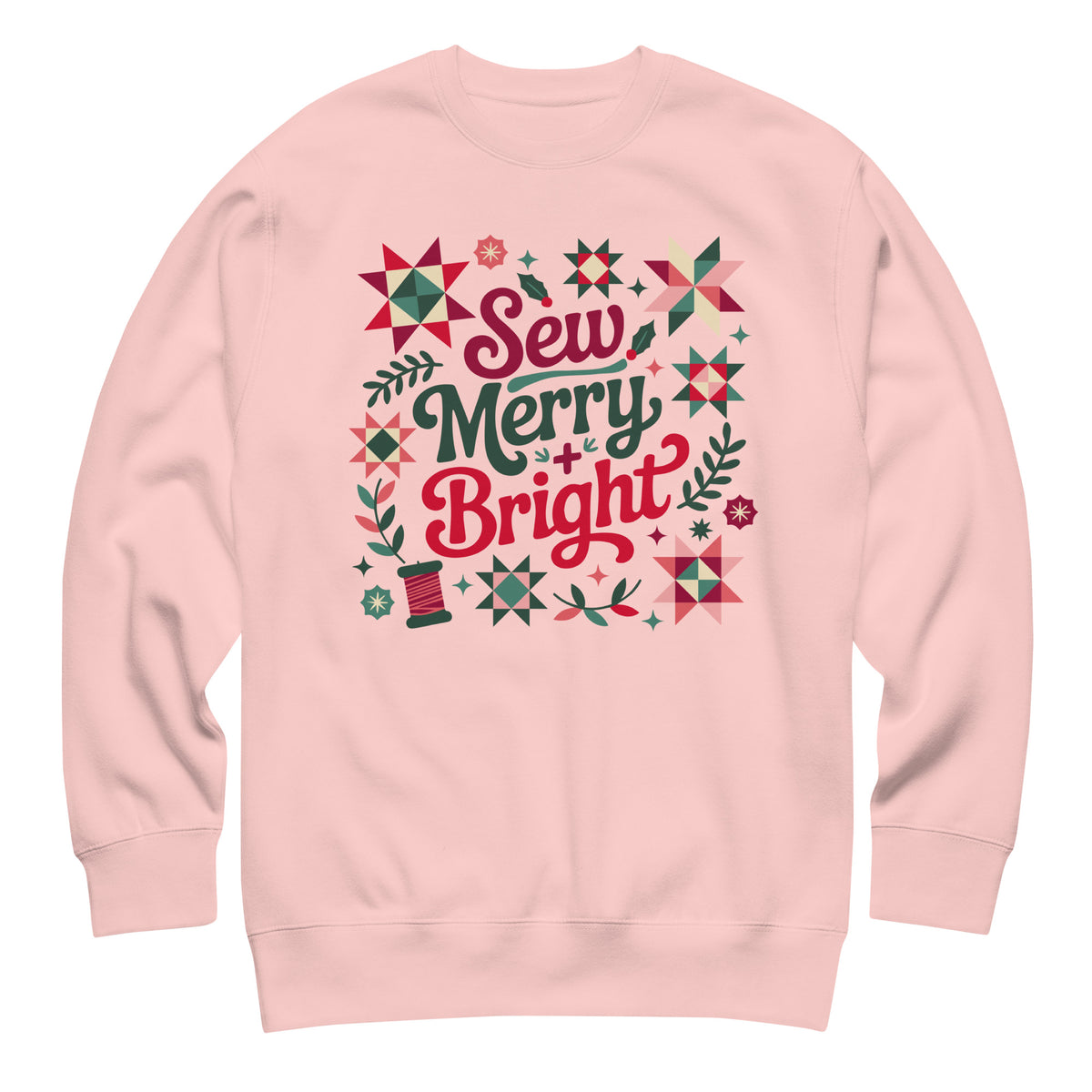 Sew Merry + Bright lettering with quilt stars and holly on a premium sweatshirt in pink, front view – Kate Spain design for Pat Sloan