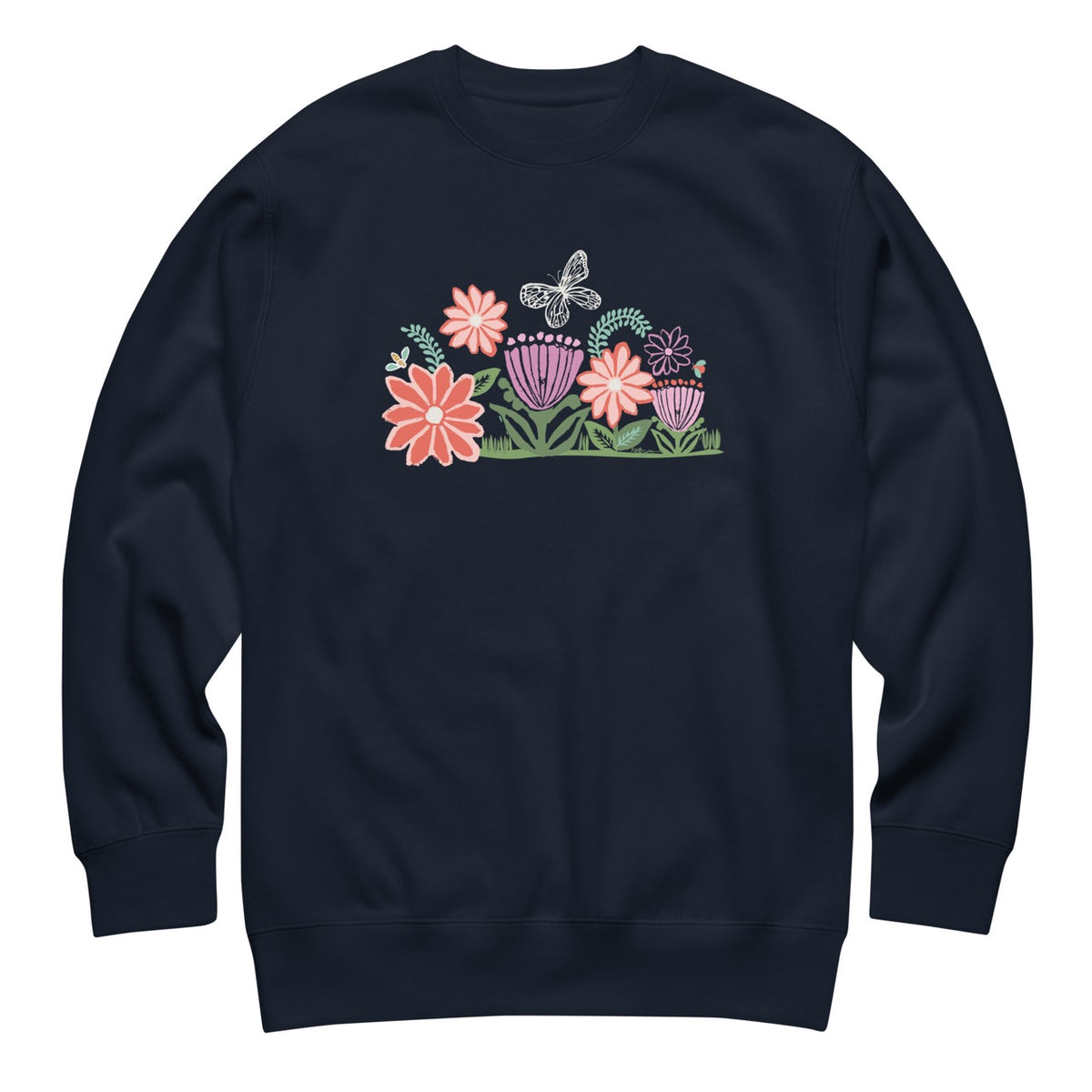 Bloom woodblock-style flowers with a butterfly, ladybug and bee on a crewneck sweatshirt in navy, front view – Kate Spain design