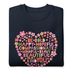 Be You floral heart of inspirational words on a premium sweatshirt in navy, folded close-up of the design – Kate Spain design