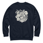 Meadowsweet woodblock-style bouquet of wildflowers on a crewneck sweatshirt in navy, front view – Kate Spain design