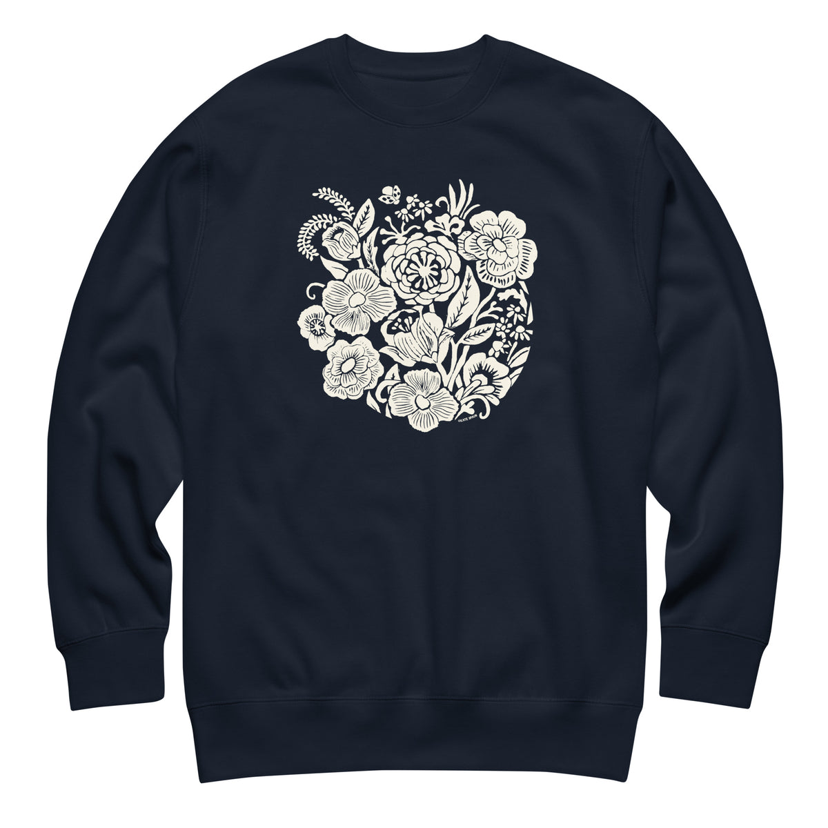 Meadowsweet woodblock-style bouquet of wildflowers on a crewneck sweatshirt in navy, front view – Kate Spain design