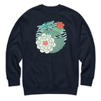 Dragonfly over water lilies and lily pads on a crewneck sweatshirt in navy, front view – Kate Spain design
