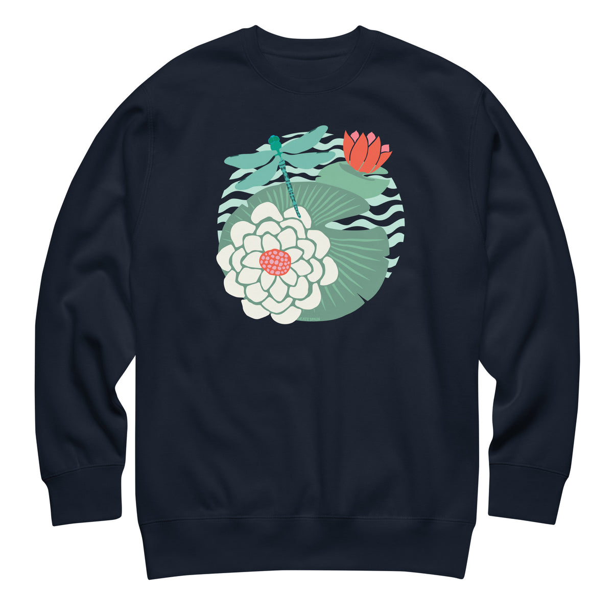Dragonfly over water lilies and lily pads on a crewneck sweatshirt in navy, front view – Kate Spain design