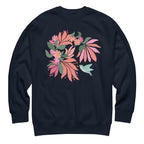 Hummingbird among coral tropical flowers on a crewneck sweatshirt in navy, front view – Kate Spain design