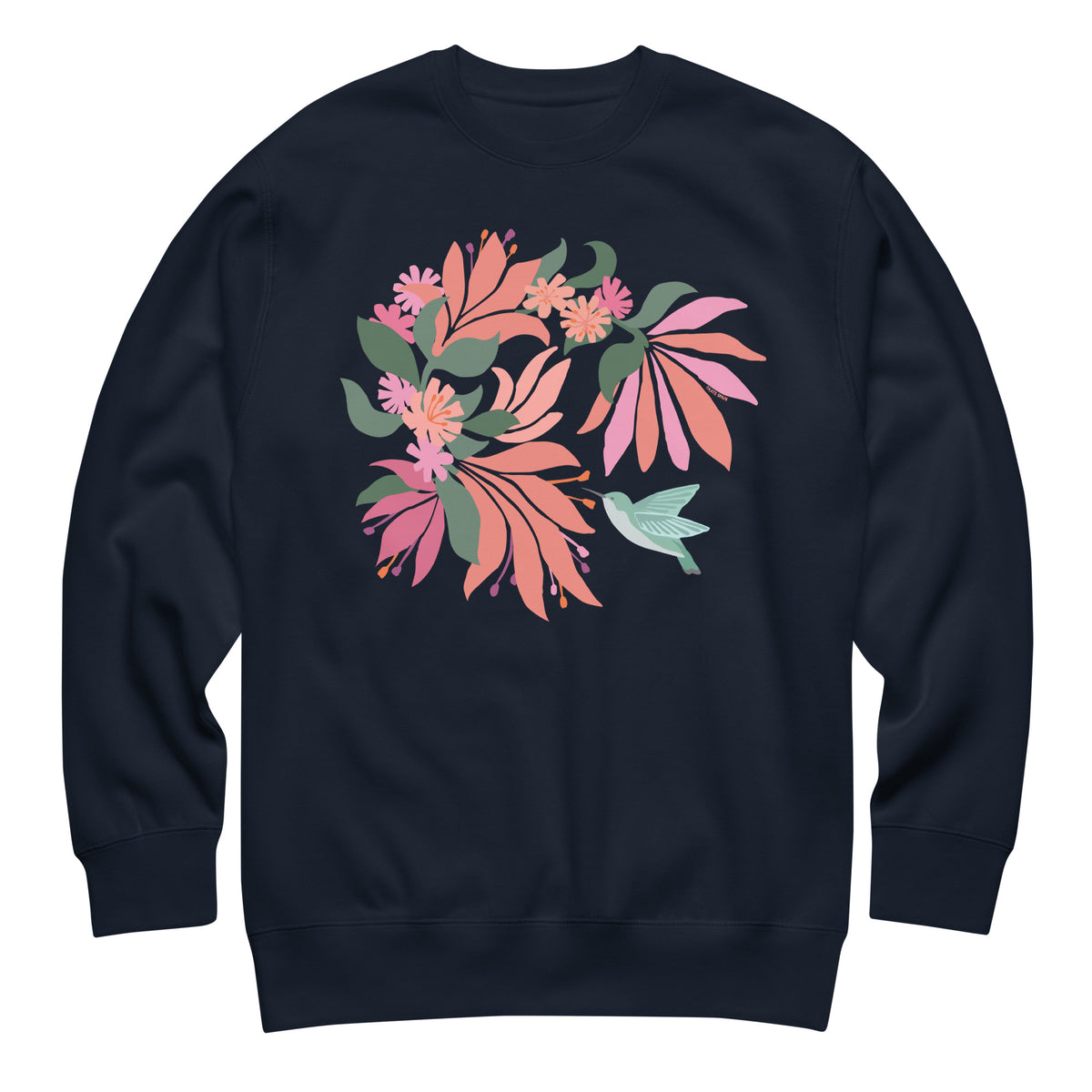 Hummingbird among coral tropical flowers on a crewneck sweatshirt in navy, front view – Kate Spain design