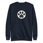 Law of the Paw® cat paw print on a crewneck sweatshirt in navy, front view – Kate Spain design