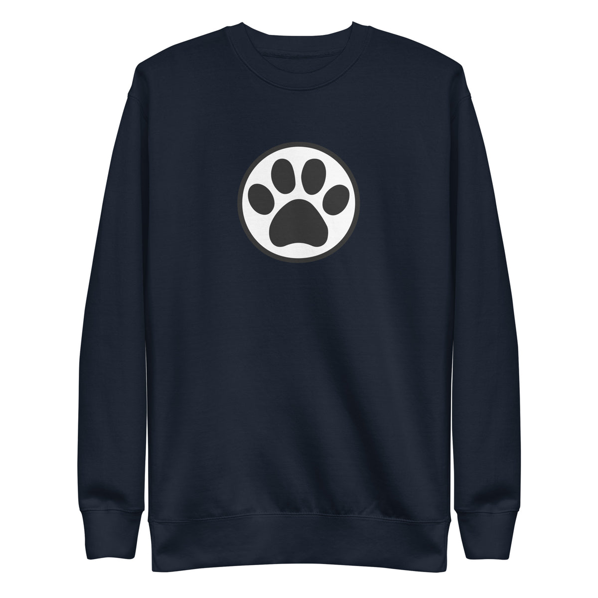 Law of the Paw® cat paw print on a crewneck sweatshirt in navy, front view – Kate Spain design