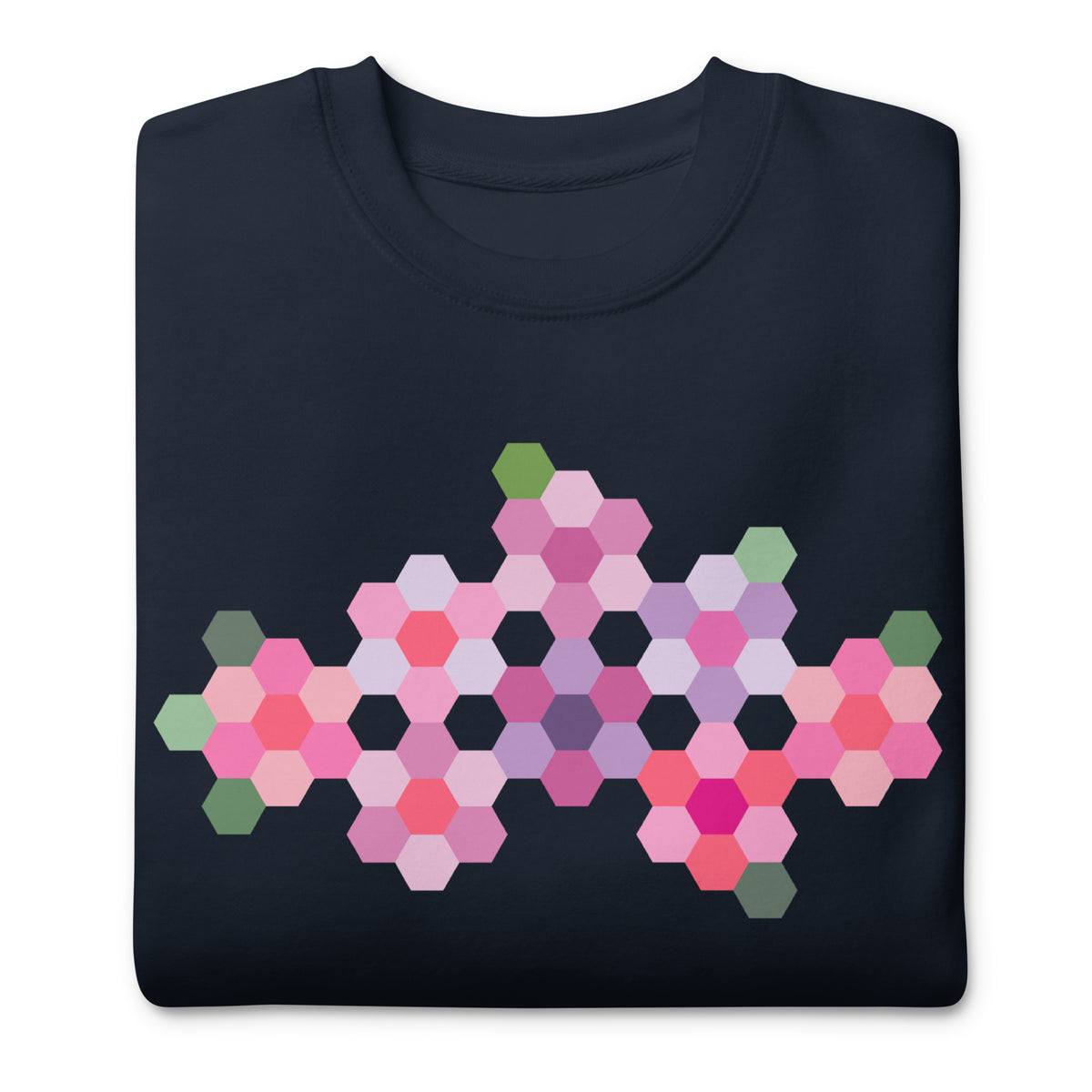 Pink GeoFlora hexagon flowers in pinks, mauves and sage on a crewneck sweatshirt in navy, folded close-up of the design – Kate Spain design for Pat Sloan