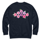 Pink GeoFlora hexagon flowers in pinks, mauves and sage on a crewneck sweatshirt in navy, front view – Kate Spain design for Pat Sloan
