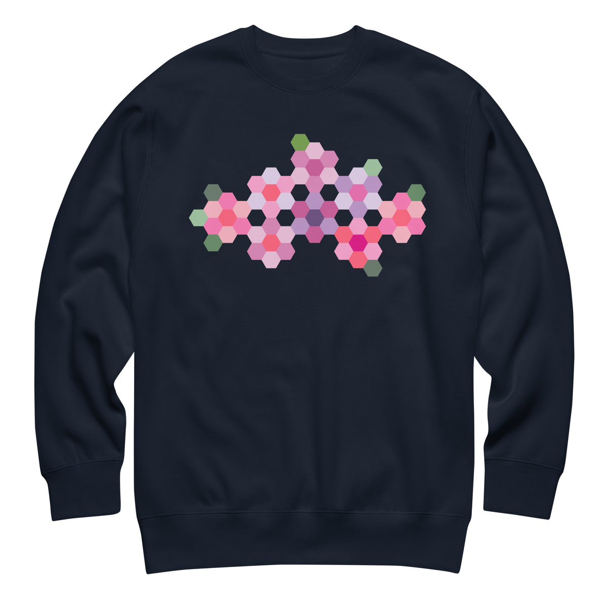 Pink GeoFlora hexagon flowers in pinks, mauves and sage on a crewneck sweatshirt in navy, front view – Kate Spain design for Pat Sloan