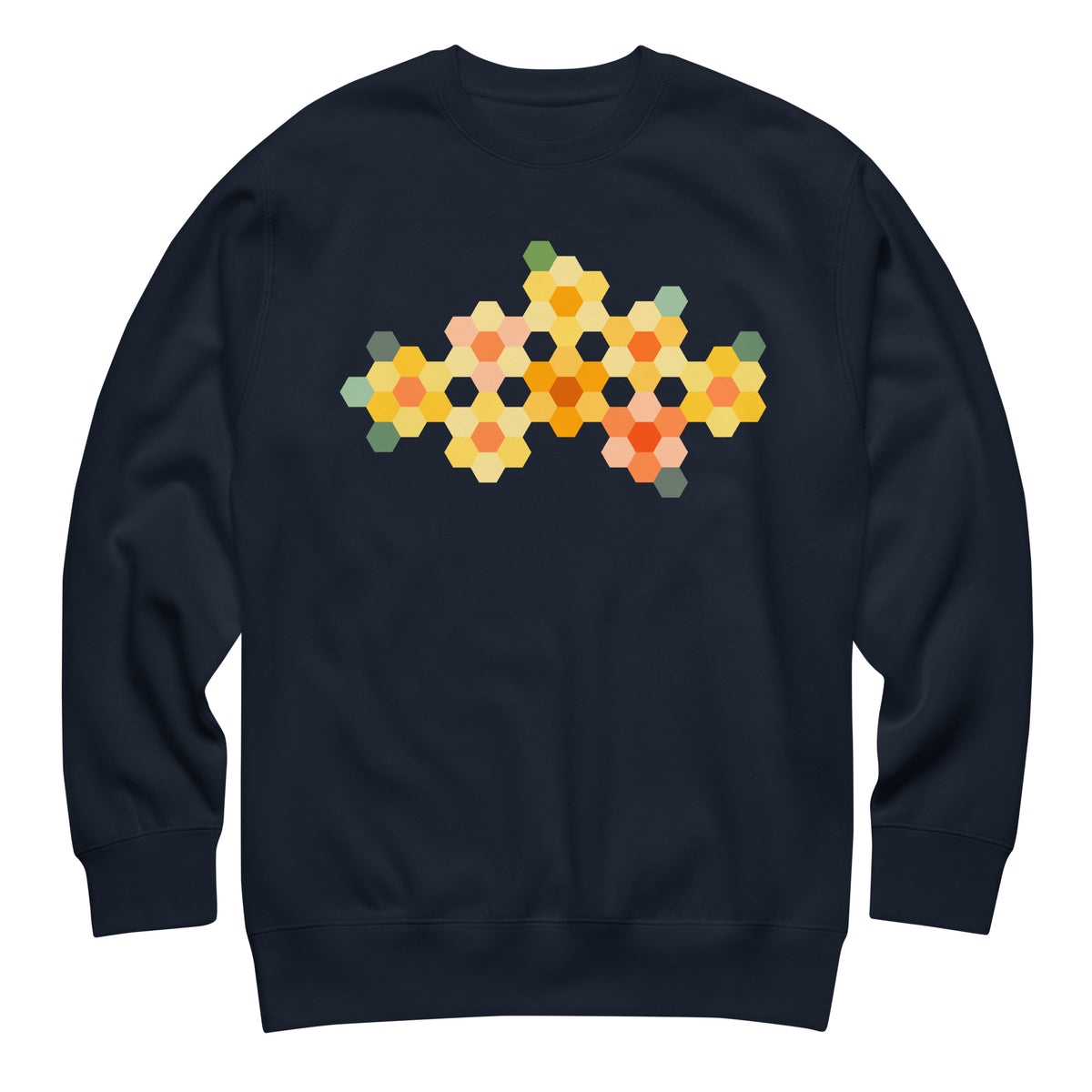 Yellow GeoFlora hexagon flowers in golden yellow, orange, coral and sage on a crewneck sweatshirt in navy, front view – Kate Spain design for Pat Sloan