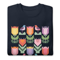 Birds + Blooms patchwork tulips and birds on a crewneck sweatshirt in navy, folded close-up of the design – Kate Spain design for Pat Sloan
