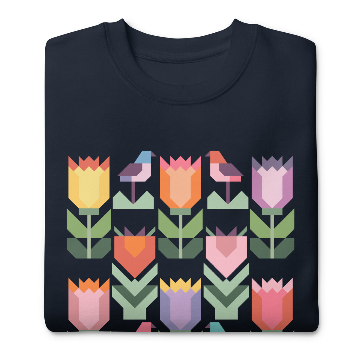 Birds + Blooms patchwork tulips and birds on a crewneck sweatshirt in navy, folded close-up of the design – Kate Spain design for Pat Sloan