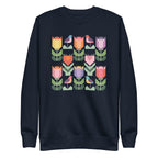 Birds + Blooms patchwork tulips and birds on a crewneck sweatshirt in navy, front view – Kate Spain design for Pat Sloan