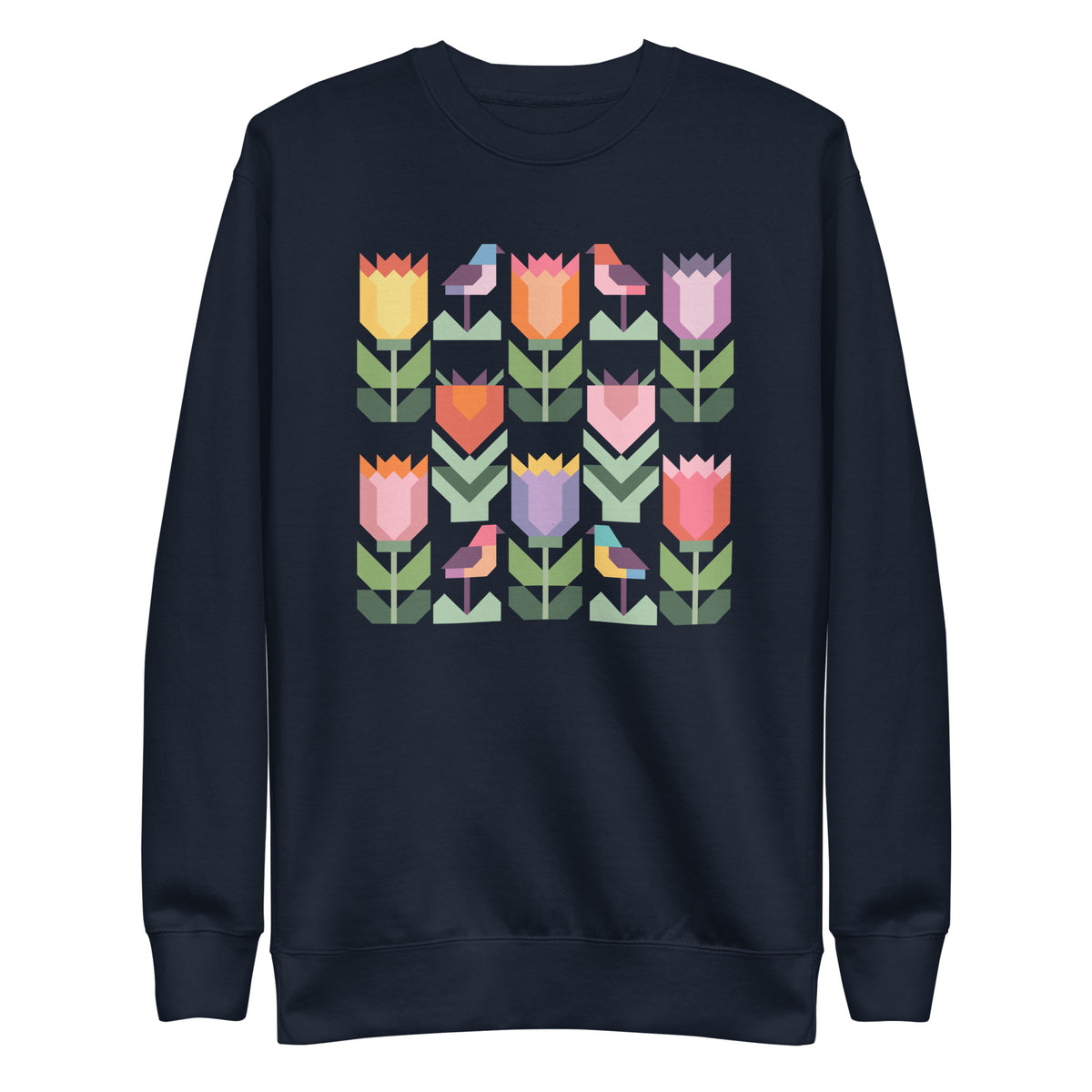 Birds + Blooms patchwork tulips and birds on a crewneck sweatshirt in navy, front view – Kate Spain design for Pat Sloan