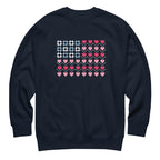 United We Quilt patchwork flag with quilt-block stars and heart stripes on a crewneck sweatshirt in navy, front view – Kate Spain design for Pat Sloan