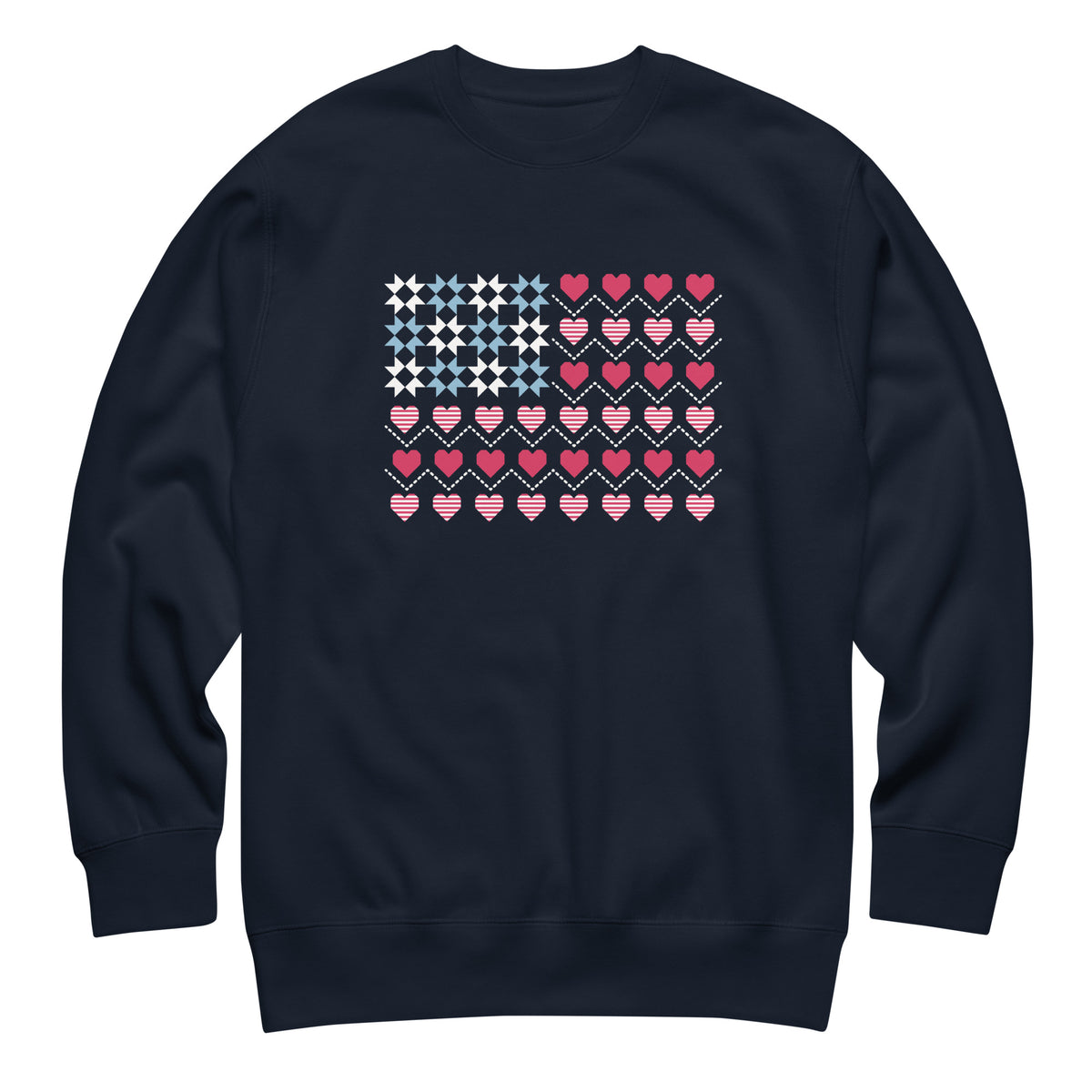 United We Quilt patchwork flag with quilt-block stars and heart stripes on a crewneck sweatshirt in navy, front view – Kate Spain design for Pat Sloan