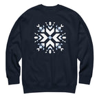 Let It Snow snowflake quilt block on a crewneck sweatshirt in navy, front view – Kate Spain design for Pat Sloan