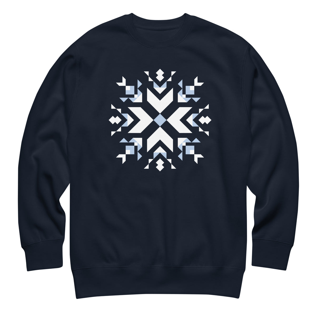 Let It Snow snowflake quilt block on a crewneck sweatshirt in navy, front view – Kate Spain design for Pat Sloan