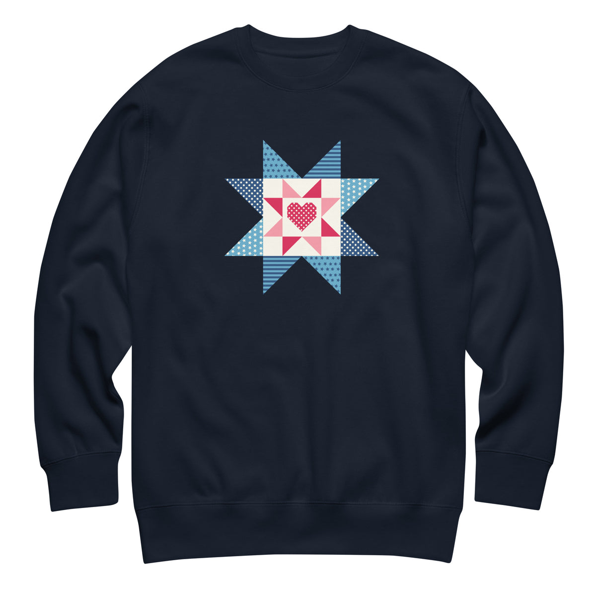 Liberty Love star quilt block with a heart in red, white and blue on a crewneck sweatshirt in navy, front view – Kate Spain design for Pat Sloan