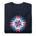 Barn Star quilt block in red, white and blue on a crewneck sweatshirt in navy, folded close-up of the design – Kate Spain design for Pat Sloan
