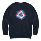 Barn Star quilt block in red, white and blue on a crewneck sweatshirt in navy, front view – Kate Spain design for Pat Sloan