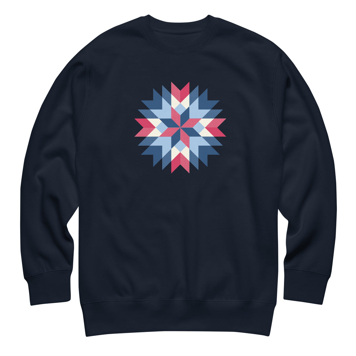 Barn Star quilt block in red, white and blue on a crewneck sweatshirt in navy, front view – Kate Spain design for Pat Sloan