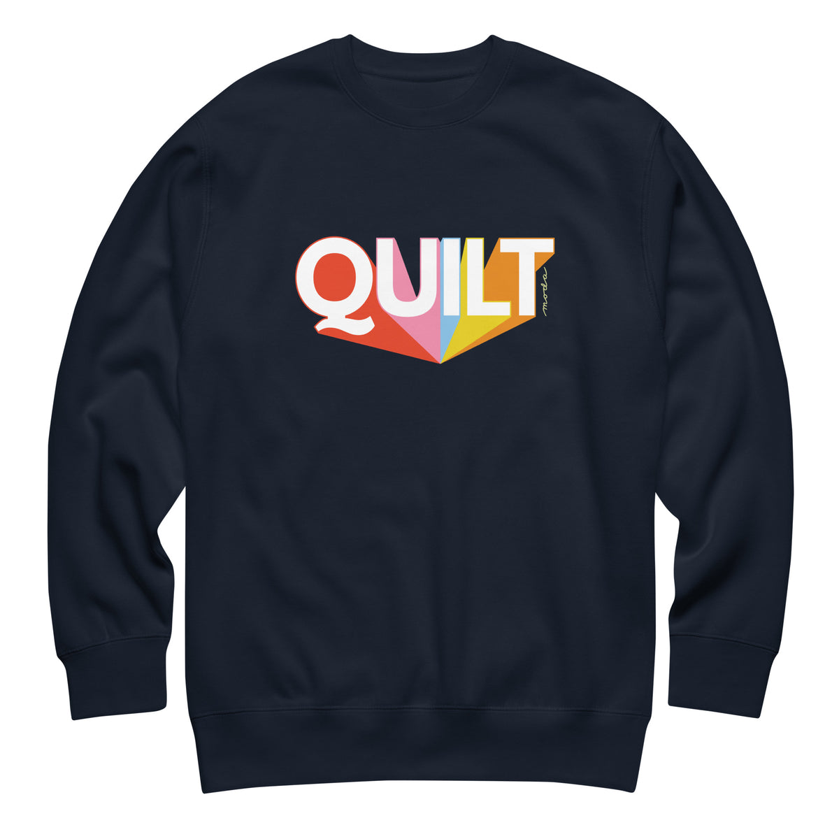 Moda QUILT logo with orange, pink, blue and yellow rays on a premium sweatshirt in navy, front view – Kate Spain design