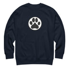 Law of the Paw® dog paw print on a crewneck sweatshirt in navy, front view – Kate Spain design