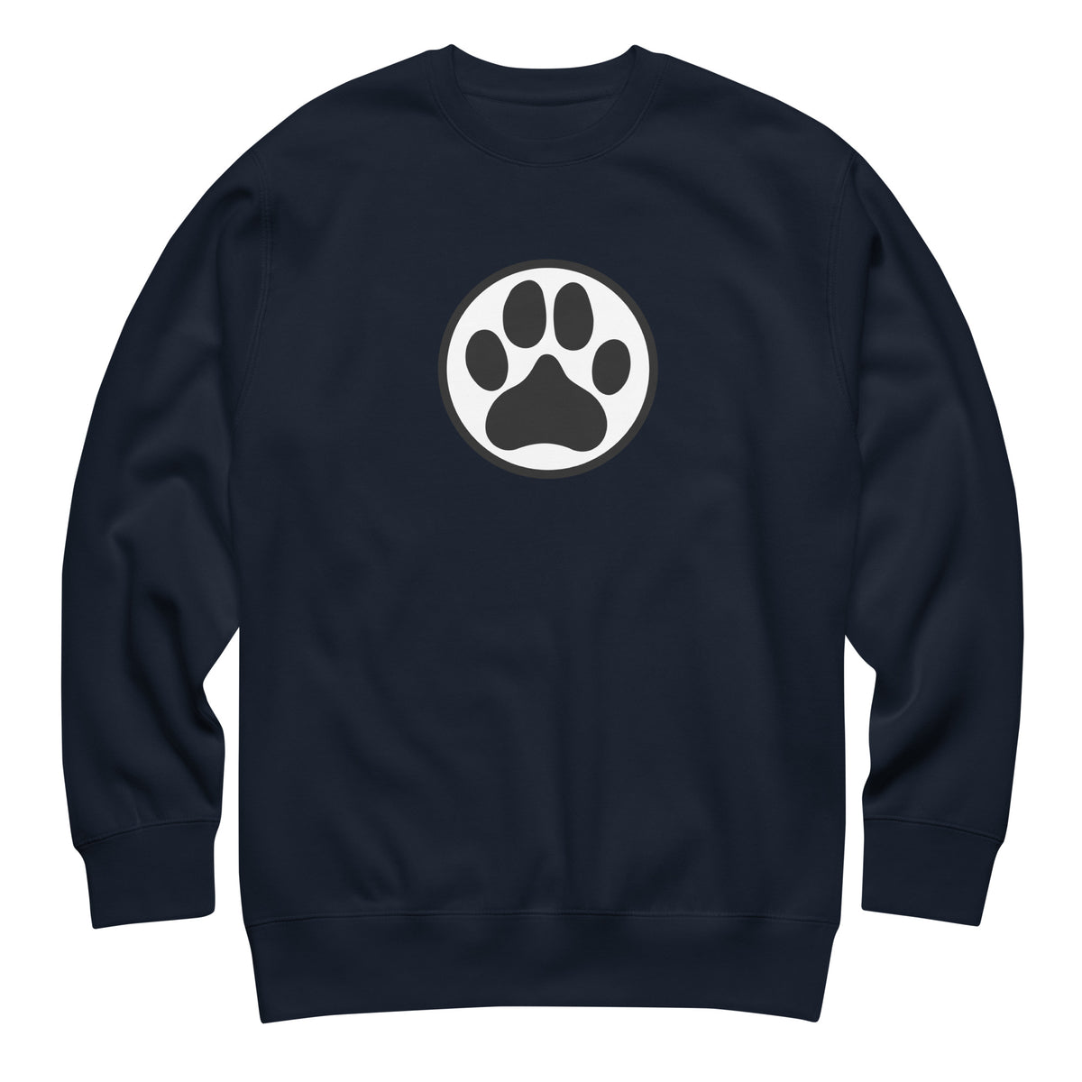 Law of the Paw® dog paw print on a crewneck sweatshirt in navy, front view – Kate Spain design