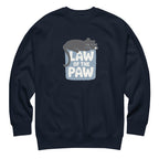 Law of the Paw® design with a cat napping on the logo on a crewneck sweatshirt in navy, front view – Kate Spain design