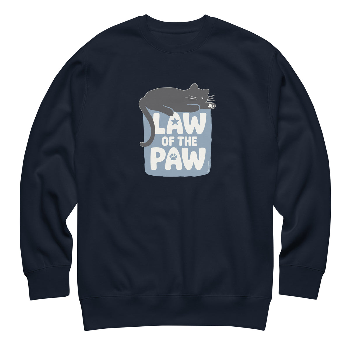 Law of the Paw® design with a cat napping on the logo on a crewneck sweatshirt in navy, front view – Kate Spain design