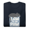 Law of the Paw® design with a cat napping on the logo on a crewneck sweatshirt in navy, folded close-up of the design – Kate Spain design